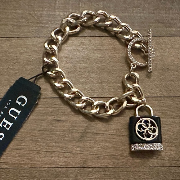 Guess Black Resin Crystal Lock Chunky Link Charm Bracelet Toggle Lock 9” - Picture 4 of 8